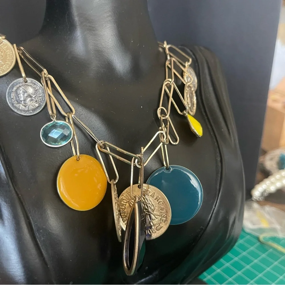 Anthropologie Gold Tone Medallion Coin Statement Necklace - Picture 2 of 3